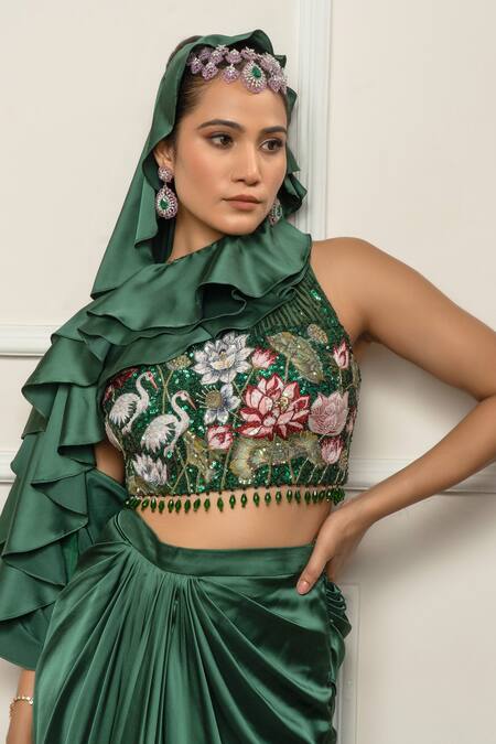 Isha Regalia_Green Satin, Net Sequins, Embroidery Round Neck Bottle Drape Saree Set _at_Aza_Fashions