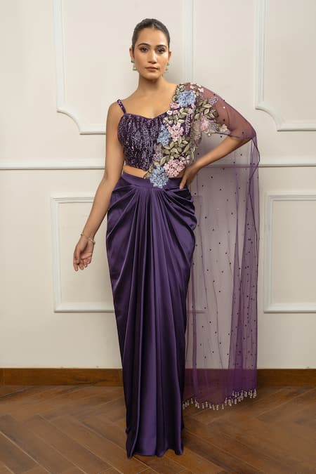 Isha Regalia Purple Satin, Net Embroidery Sweetheart Neck Deep Drape Saree Set 
