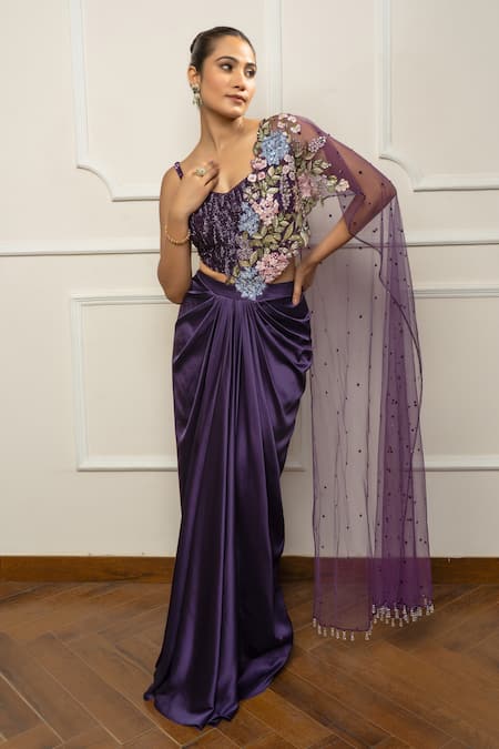 Buy_Isha Regalia_Purple Satin, Net Embroidery Sweetheart Neck Deep Drape Saree Set _Online_at_Aza_Fashions