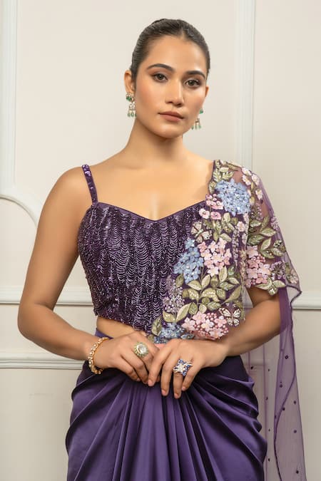 Shop_Isha Regalia_Purple Satin, Net Embroidery Sweetheart Neck Deep Drape Saree Set _Online_at_Aza_Fashions