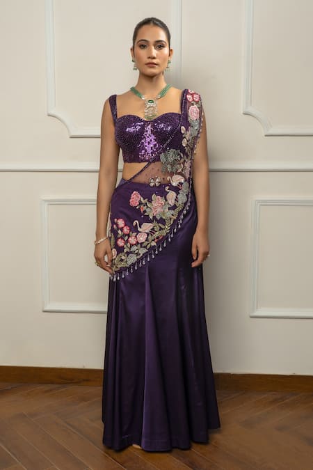 Isha Regalia_Purple Satin, Net Embroidery, Sequins Sweetheart Neck Designer Drape Saree Set _Online_at_Aza_Fashions