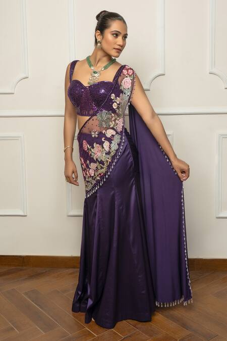 Buy_Isha Regalia_Purple Satin, Net Embroidery, Sequins Sweetheart Neck Designer Drape Saree Set _Online_at_Aza_Fashions