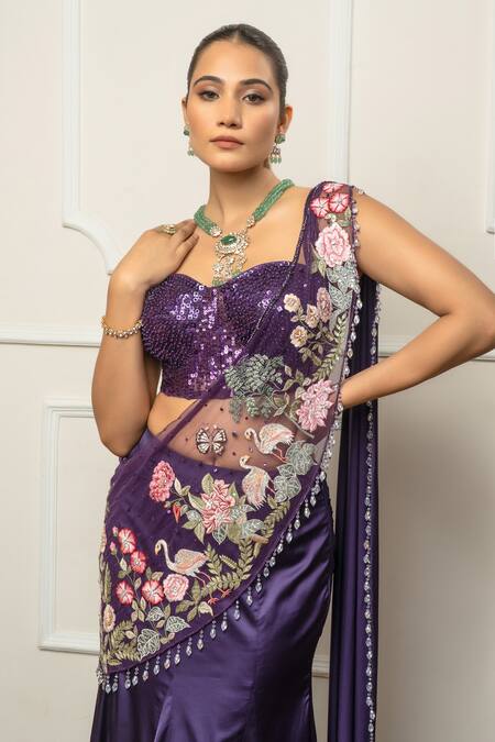 Shop_Isha Regalia_Purple Satin, Net Embroidery, Sequins Sweetheart Neck Designer Drape Saree Set _Online_at_Aza_Fashions