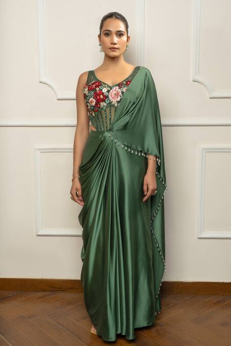 Shop_Isha Regalia_Green Satin, Net Embroidery Scoop Neck Drape Saree Set _Online_at_Aza_Fashions