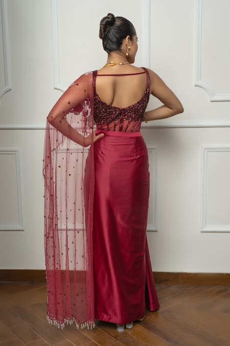 Isha Regalia Designer Maroon Drape Saree Set 