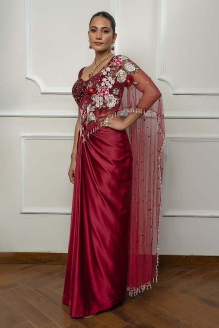 Isha Regalia_Maroon Satin, Net Embroidery Sweetheart Neck Designer Drape Saree Set _Online_at_Aza_Fashions