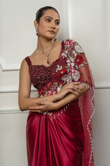 Buy_Isha Regalia_Maroon Satin, Net Embroidery Sweetheart Neck Designer Drape Saree Set _Online_at_Aza_Fashions