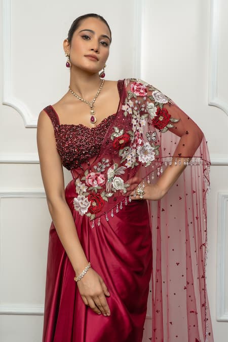 Shop_Isha Regalia_Maroon Satin, Net Embroidery Sweetheart Neck Designer Drape Saree Set _Online_at_Aza_Fashions
