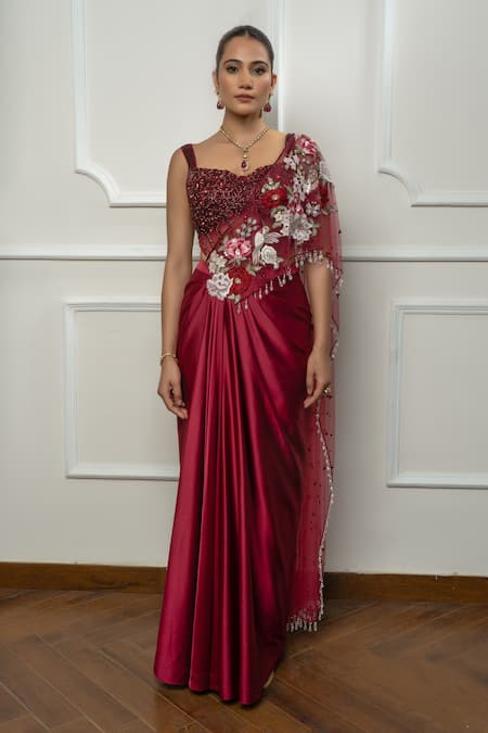 Isha Regalia Designer Maroon Drape Saree Set 