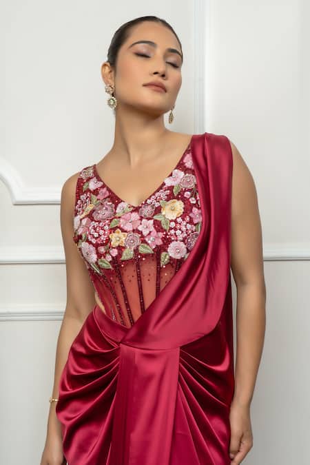 Buy_Isha Regalia_Maroon Satin, Net Embroidery V-neck Drape Saree Set _Online_at_Aza_Fashions