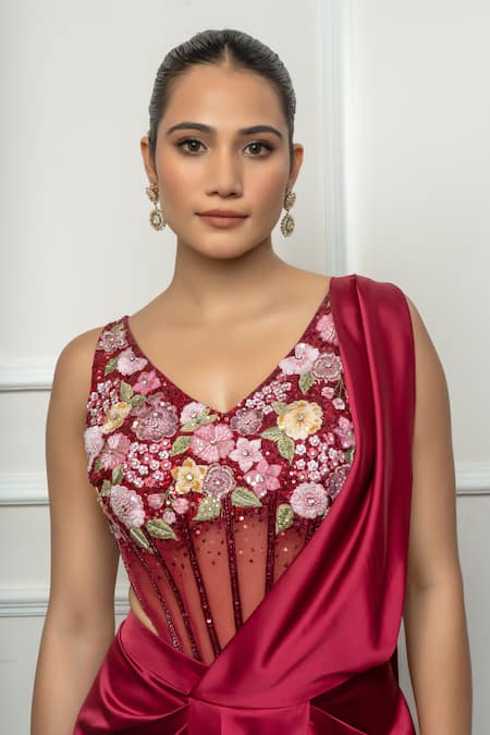 Shop_Isha Regalia_Maroon Satin, Net Embroidery V-neck Drape Saree Set _Online_at_Aza_Fashions
