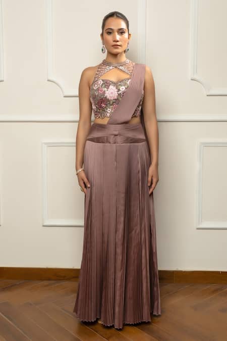 Isha Regalia_Mauve Satin, Net Embroidery Halter Neck Taupe Pleated Skirt Set _Online_at_Aza_Fashions