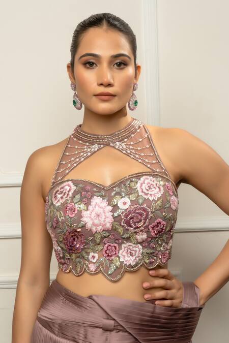 Shop_Isha Regalia_Mauve Satin, Net Embroidery Halter Neck Taupe Pleated Skirt Set _Online_at_Aza_Fashions