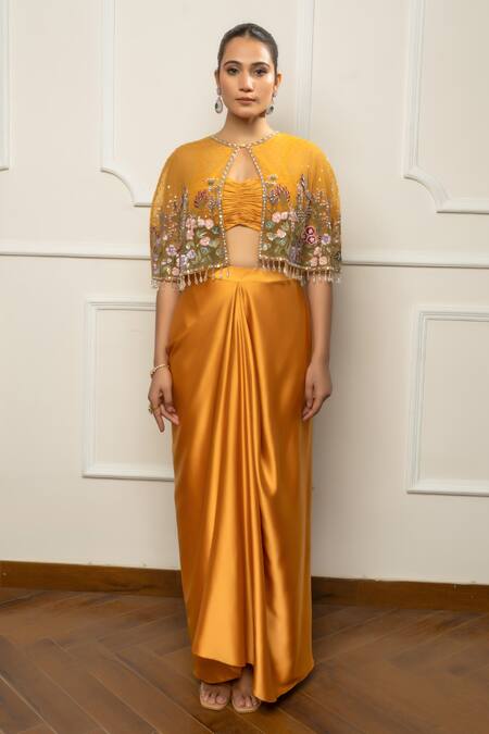 Isha Regalia_Yellow Satin, Net Embroidery, Beads Round , Open Mustard Cape Set _Online_at_Aza_Fashions