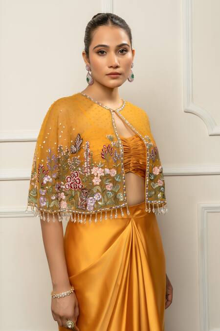 Shop_Isha Regalia_Yellow Satin, Net Embroidery, Beads Round , Open Mustard Cape Set _Online_at_Aza_Fashions