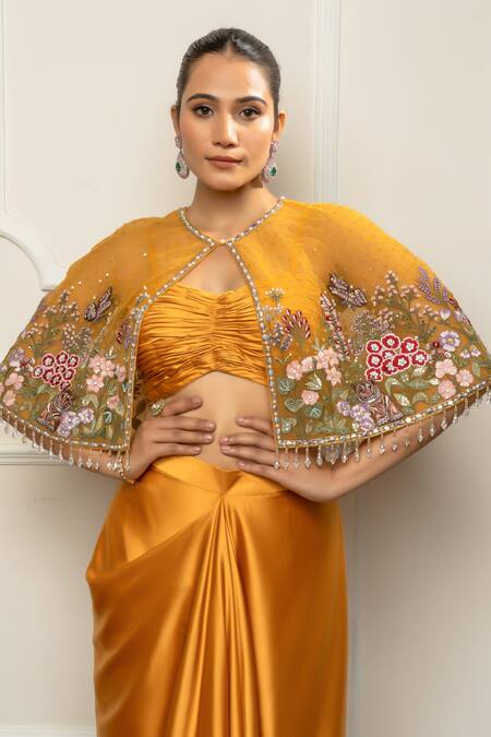 Isha Regalia_Yellow Satin, Net Embroidery, Beads Round , Open Mustard Cape Set _at_Aza_Fashions
