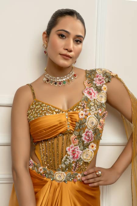 Buy_Isha Regalia_Yellow Satin, Net Embroidery V-neck Mustard Drape Saree Set With Bodysuit _Online_at_Aza_Fashions