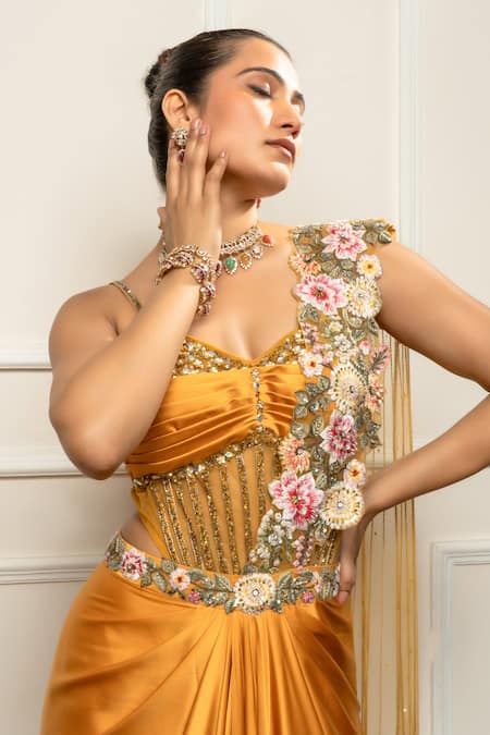 Shop_Isha Regalia_Yellow Satin, Net Embroidery V-neck Mustard Drape Saree Set With Bodysuit _Online_at_Aza_Fashions