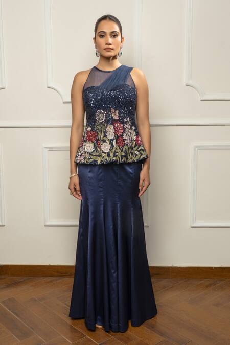 Isha Regalia_Navy Satin, Net Embroidery Round Neck Blue Hand Saree Set _Online_at_Aza_Fashions