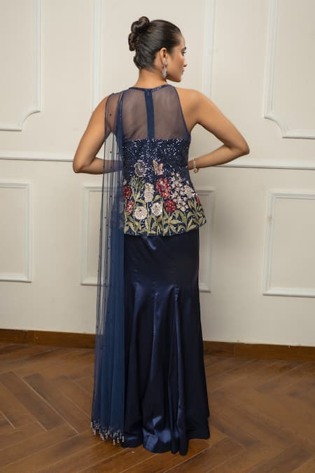 Isha Regalia Navy Blue Hand Embroidered Saree Set 