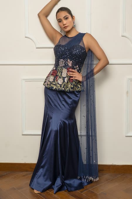 Isha Regalia Navy Satin, Net Embroidery Round Neck Blue Hand Saree Set