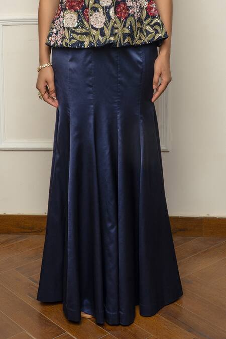 Shop_Isha Regalia_Navy Satin, Net Embroidery Round Neck Blue Hand Saree Set _Online_at_Aza_Fashions