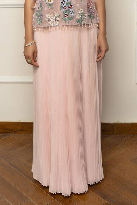 Isha Regalia_Pink Satin, Net Embroidery Round Neck Hand Top And Pleated Skirt _Online_at_Aza_Fashions