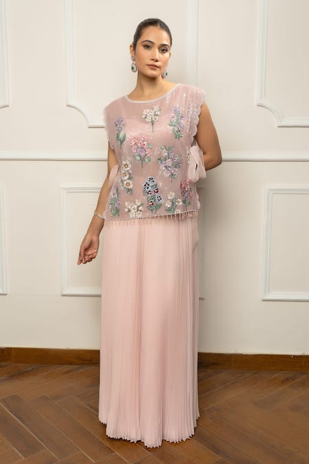 Isha Regalia Pink Satin, Net Embroidery Round Neck Hand Top And Pleated Skirt 