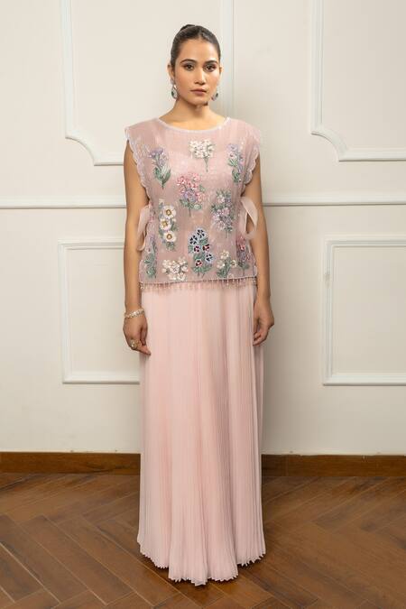 Shop_Isha Regalia_Pink Satin, Net Embroidery Round Neck Hand Top And Pleated Skirt _Online_at_Aza_Fashions