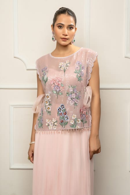 Isha Regalia_Pink Satin, Net Embroidery Round Neck Hand Top And Pleated Skirt _at_Aza_Fashions