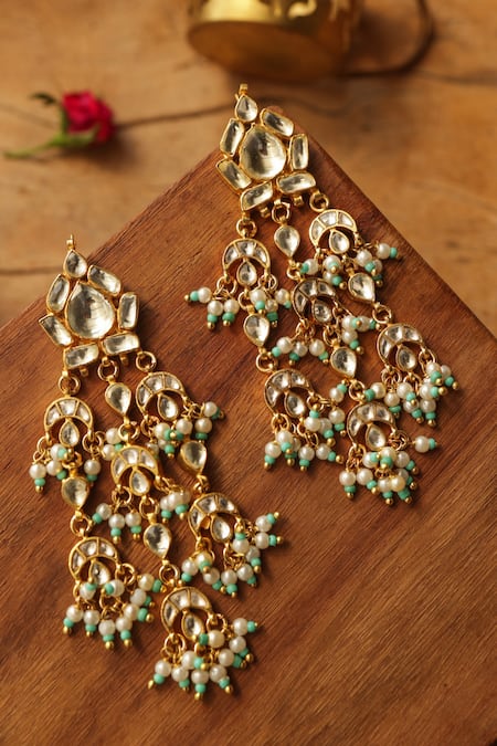 Shop Paisley Pop Turquoise Pearls, Stones Kundan Earrings Shop_Paisley Pop_Turquoise Pearls, Stones Kundan Earrings