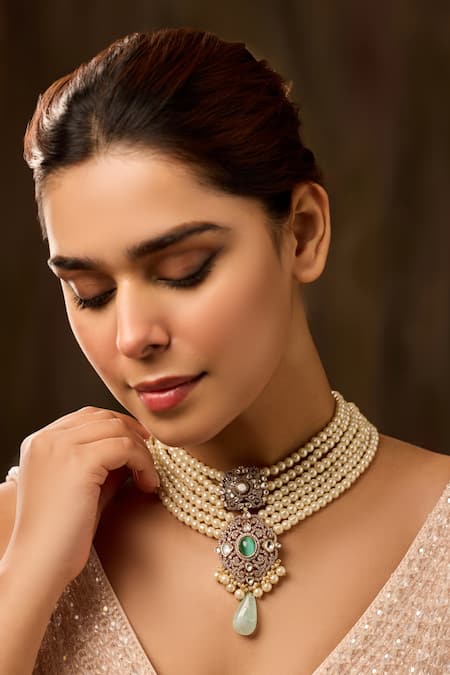 Paisley Pop Mint Polki And Pearls Necklace Online at Aza Fashions Paisley Pop_Mint Polki And Pearls Necklace _Online_at_Aza_Fashions