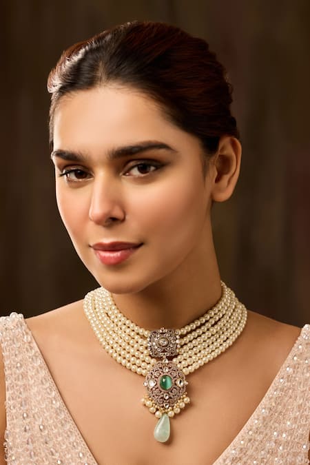 Buy Paisley Pop Mint Polki And Pearls Necklace Online at Aza Fashions Buy_Paisley Pop_Mint Polki And Pearls Necklace _Online_at_Aza_Fashions