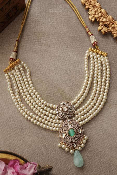 Shop Paisley Pop Mint Polki And Pearls Necklace Online at Aza Fashions Shop_Paisley Pop_Mint Polki And Pearls Necklace _Online_at_Aza_Fashions