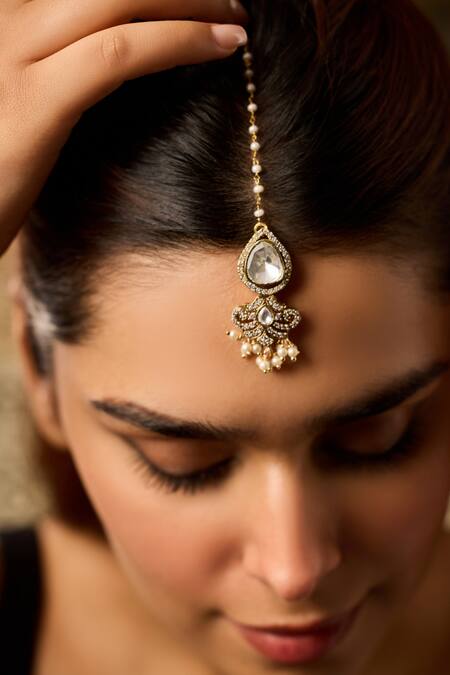 Paisley Pop_Gold Plated Polki Maangtikka With Cubic Zirconia _Online_at_Aza_Fashions
