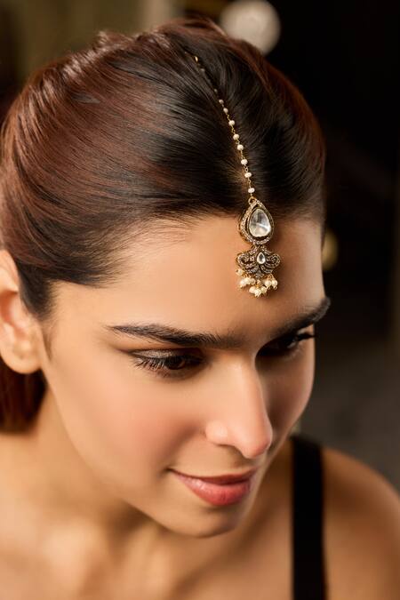 Buy_Paisley Pop_Gold Plated Polki Maangtikka With Cubic Zirconia _Online_at_Aza_Fashions