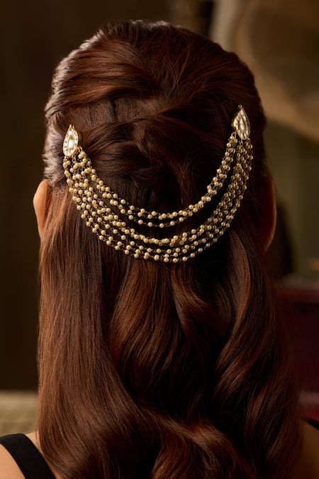 Paisley Pop_Gold Pearls Kundan Plated Braid Pin _Online_at_Aza_Fashions