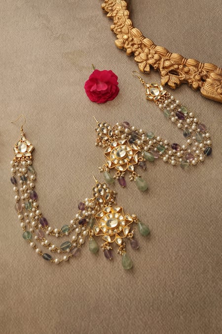 Shop Paisley Pop Multi Color Pearls, Stones Pastel Kundan Earrings at Aza Fashions Shop_Paisley Pop_Multi Color Pearls, Stones Pastel Kundan Earrings _at_Aza_Fashions