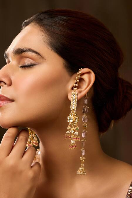 Paisley Pop_Purple Pearls, Stones Kundan Jhumki Earrings _Online_at_Aza_Fashions