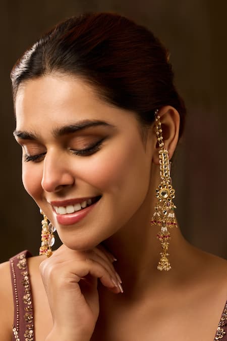 Shop_Paisley Pop_Purple Pearls, Stones Kundan Jhumki Earrings _Online_at_Aza_Fashions