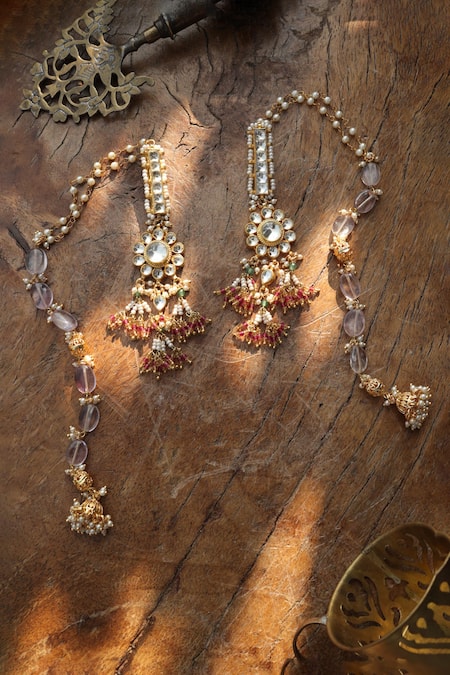 Paisley Pop_Purple Pearls, Stones Kundan Jhumki Earrings _at_Aza_Fashions