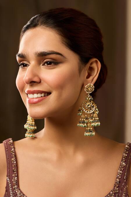 Paisley Pop_Multi Color Pearls, Stones Kundan Jhumki Earrings _Online_at_Aza_Fashions