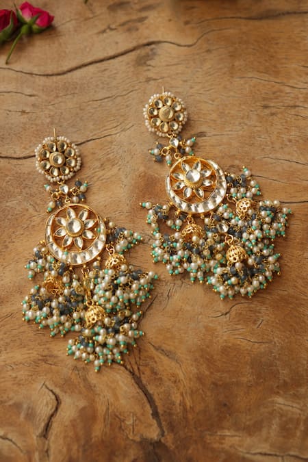Shop_Paisley Pop_Multi Color Pearls, Stones Kundan Jhumki Earrings _Online_at_Aza_Fashions