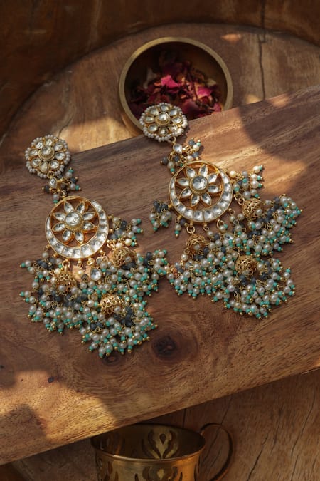 Paisley Pop_Multi Color Pearls, Stones Kundan Jhumki Earrings _at_Aza_Fashions