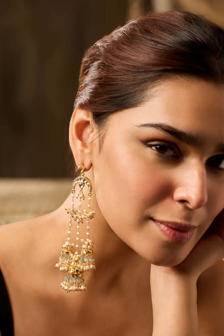 Paisley Pop_Gold Plated Pearls Kundan Jhumka Earrings _Online_at_Aza_Fashions