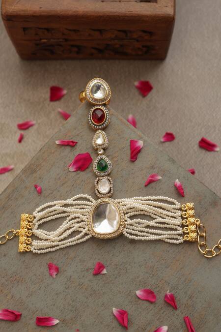 Buy_Paisley Pop_Red Pearls, Gemstones Polki Haathphool _Online_at_Aza_Fashions