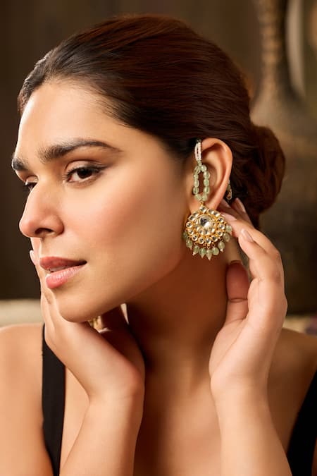 Paisley Pop Mint Pearls Kundan Earrings 