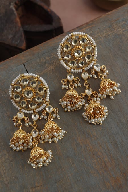 Shop_Paisley Pop_Gold Plated Pearls Kundan Jhumka Earrings _at_Aza_Fashions
