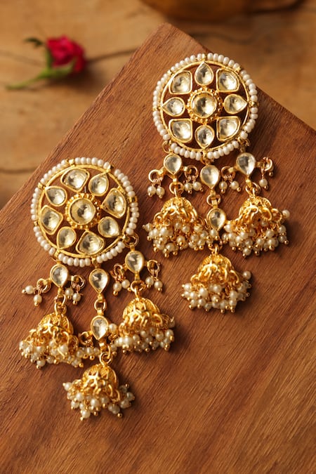 Paisley Pop_Gold Plated Pearls Kundan Jhumka Earrings _at_Aza_Fashions