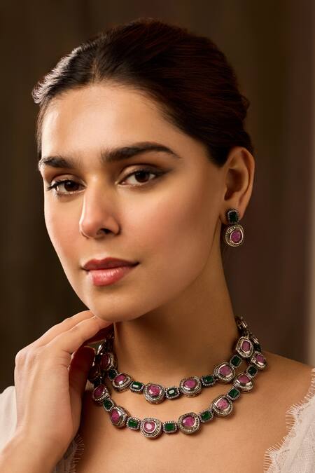 Paisley Pop_Pink Crystals, Stones Layered Necklace Set _Online_at_Aza_Fashions